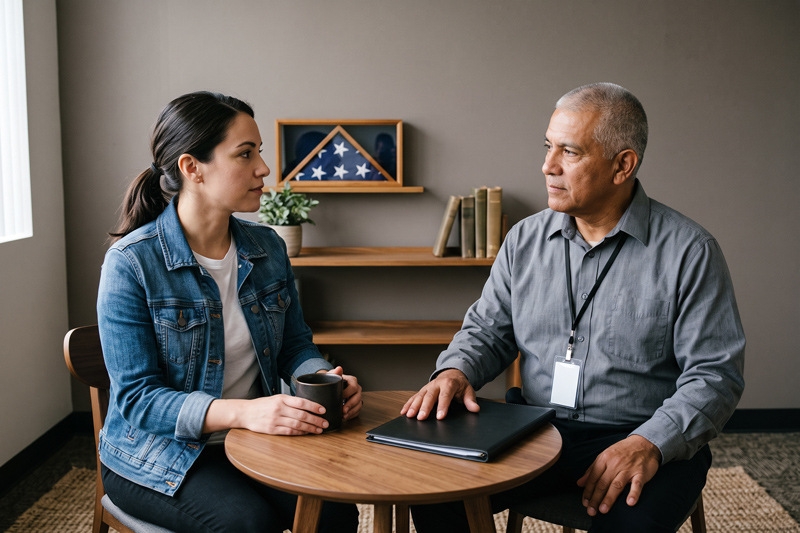 Woman Veteran Talking With Peer Mentor At Round Table In Community Office